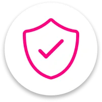 Pink icon of a shield with a checkmark in the middle