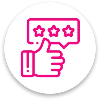 Pink icon of someone giving a thumbs up for a good review